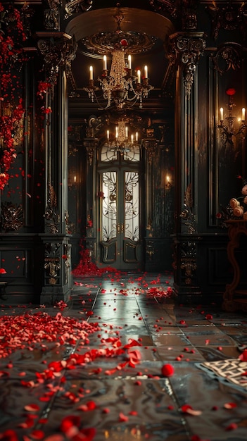 the door of the room is covered in petals and the words  the last name of the room