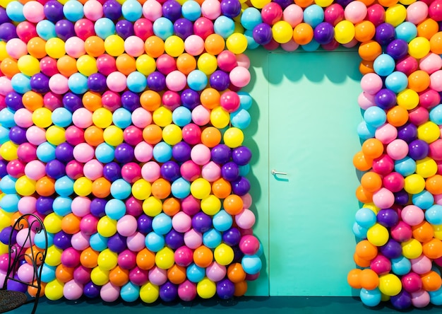 Door room with colorful balloons concept of celebration party happy birthday