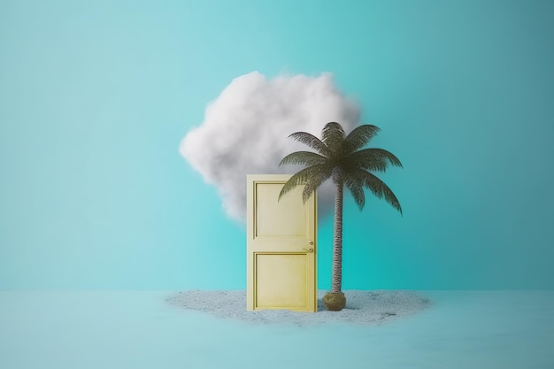 Photo a door in the sand with a palm tree on it