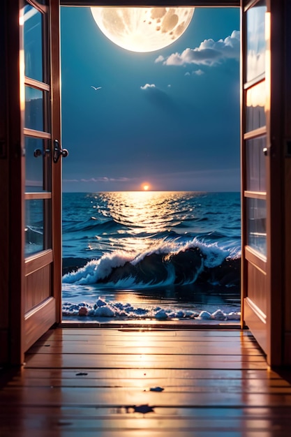 Door to the sea with the sun rising over the ocean.