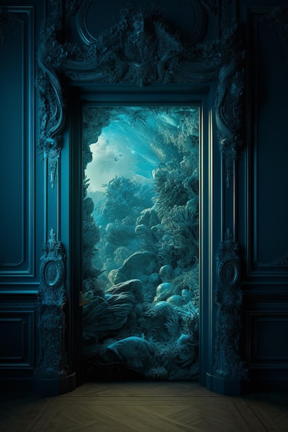 A door that has a picture of a sea and the words " ocean " on it.