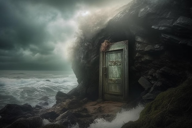 A door that is on a cliff with the word " sea " on it