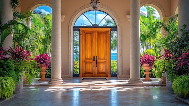 Photo a door that is open to a balcony with a palm tree and a palm tree