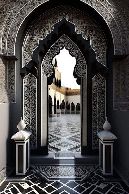 Photo a door that is open to a courtyard with a building in the background.