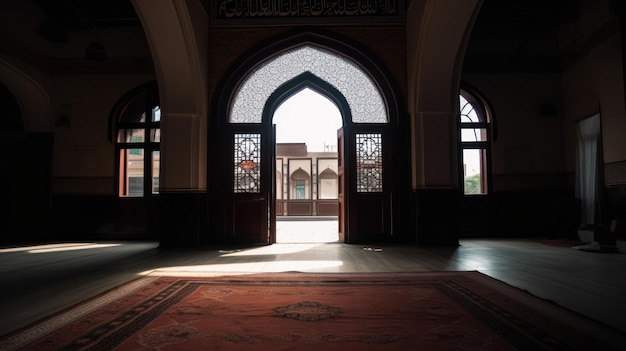 A door that is open to a room with a rug that says'the door to the mosque '