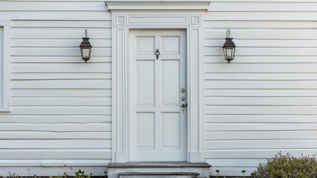 Door with a black handle set against the facade of a white house Timeless and inviting entryway to a modern residence