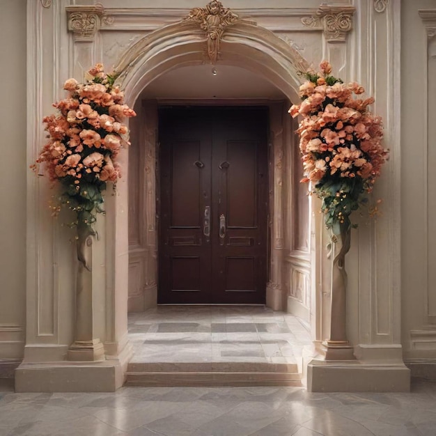 a door with flowers on it is open to a hallway