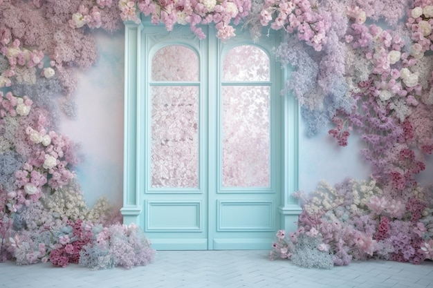 A door with a flowery frame and a blue door with a pink flower on it.