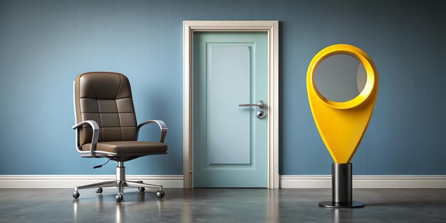 Photo door with job signboard large yellow location mark and magnifying glass with office armchair concept of job search 3d rendering