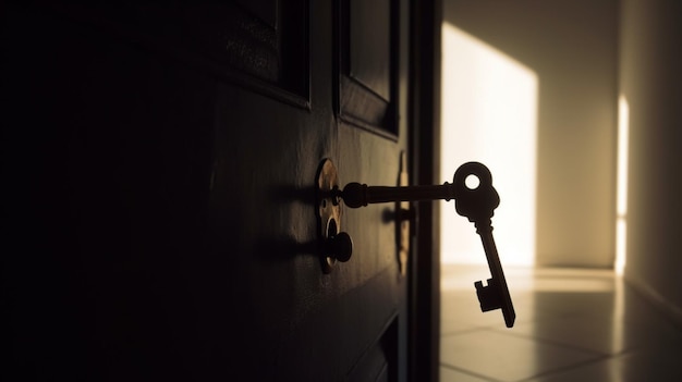 A door with a key in it that is lit up with a light behind it.