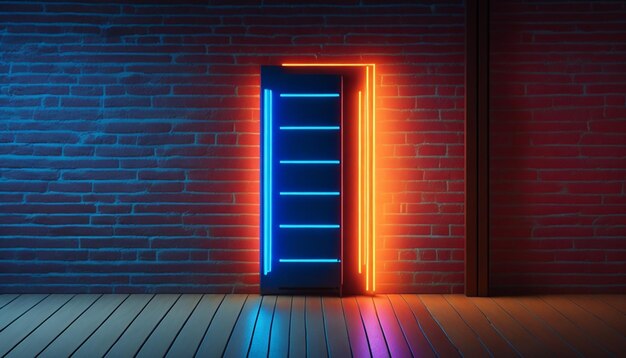 A door with neon lights that says'blue and orange'on it