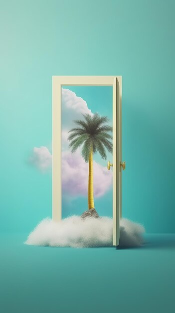 A door with a palm tree on it that is open to a cloud.