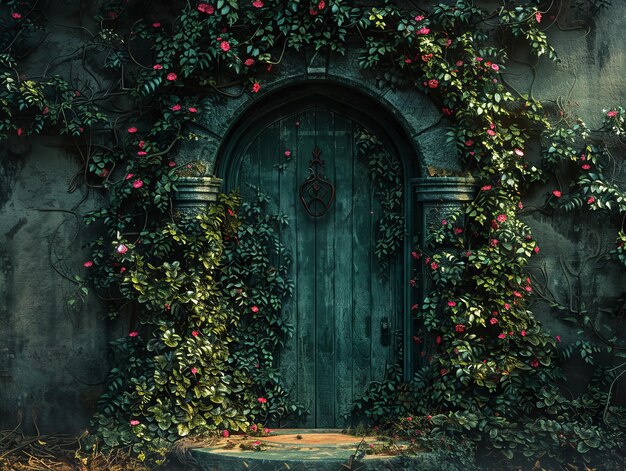 a door with roses on it is surrounded by ivy