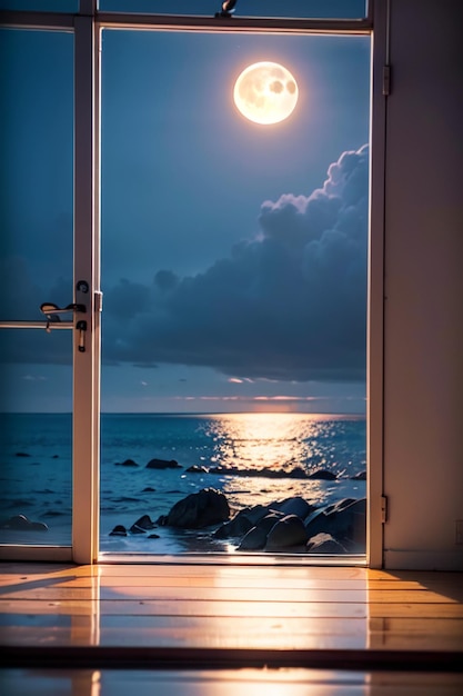 A door with a view of the ocean and the moon.