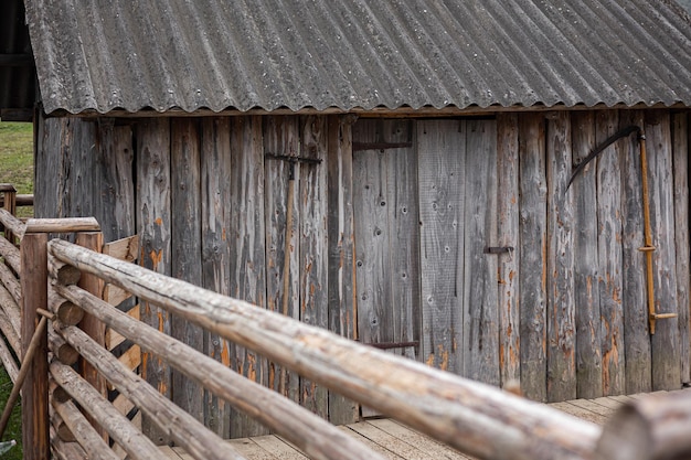 Doors or barn doors made of planks that can be pulled to the side along a skid rail the door hangs on a hinge with wheels retractable shutters made of wood on the cottage