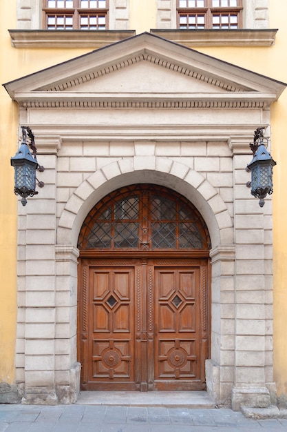 The doors of the city of old Lviv in Ukraine Original authentic doors on the outskirts of Rynok Square in Lviv