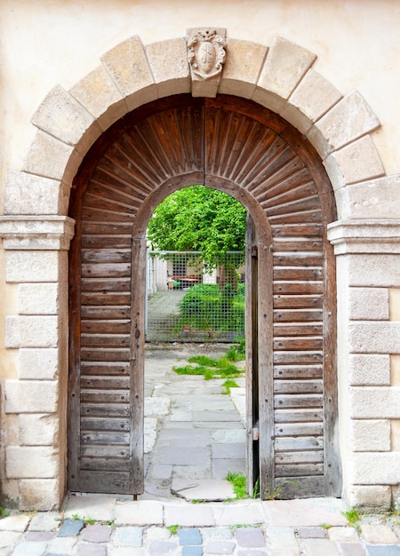 The doors of the city of old Lviv in Ukraine Original authentic doors on the outskirts of Rynok Square in Lviv