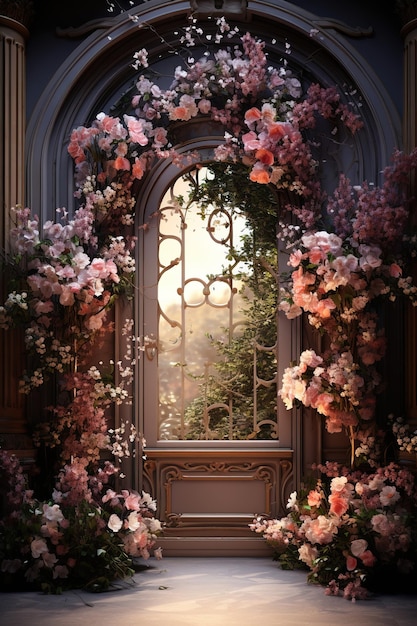 doorway background with many flowers