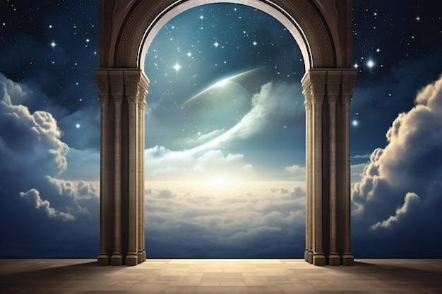 Doorway to heaven with stars and clouds in the sky