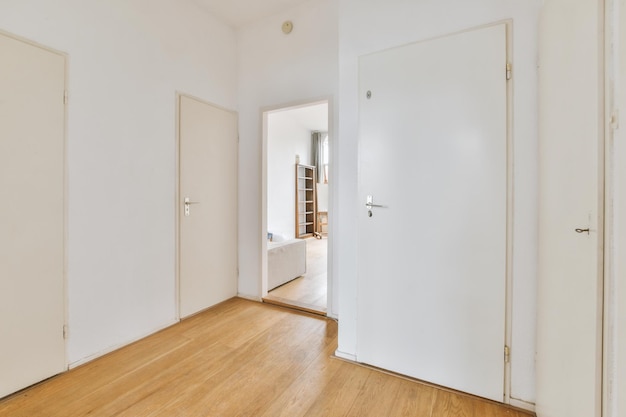 Doorway of modern apartment with white walls and parquet floor