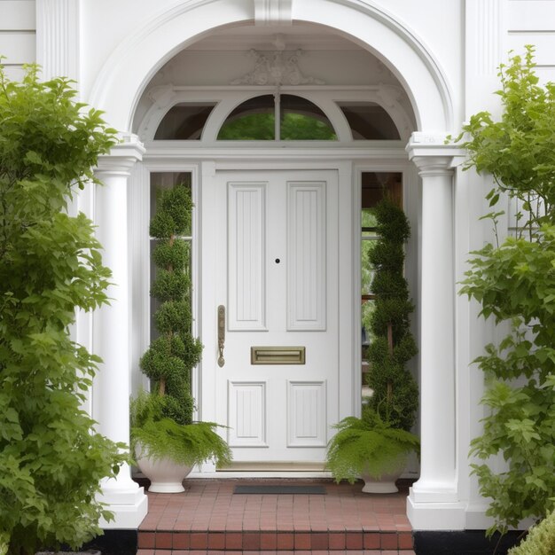 doorway with white door and arched arch and planters on brick walkway generative ai