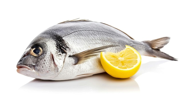 dorada fish with lemon slice isolated on white background Generative Ai