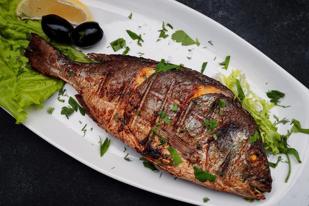 Dorado fish grilled with herbs on a dark background