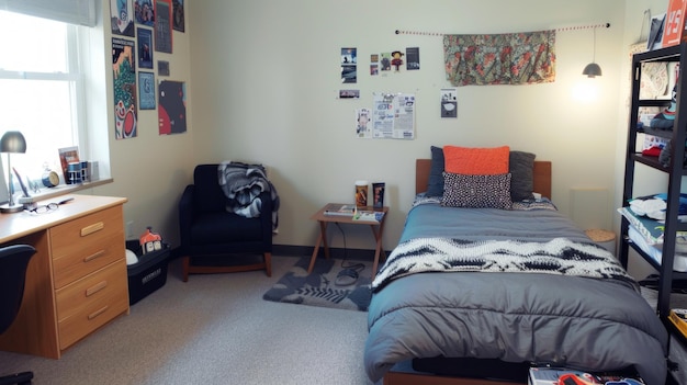 Photo a dorm room with a bed a desk and a chair