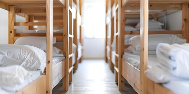 Dormitory room with bunk beds for hostel guests Concept Shared Dorms Hostel Accommodation Bunk Bed Setup Community Living Budget Lodging