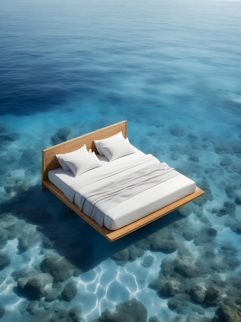 Double bed floating in middle of water elegant bed linen blue tropical sea all around