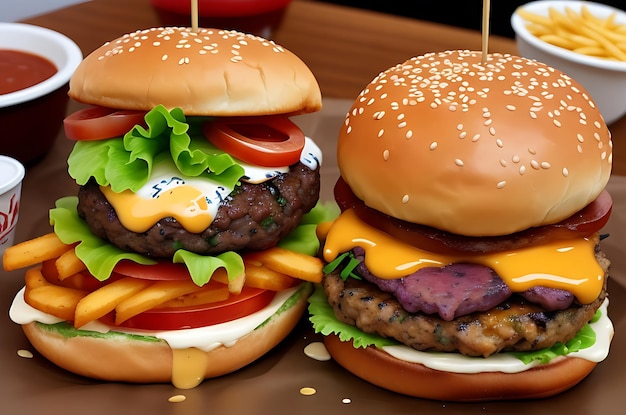 Double beef and bacon burger with cheddar cheese and chips on a wooden board on a table ready to eat