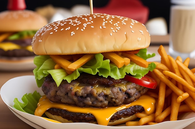 Double beef and bacon burger with cheddar cheese and chips