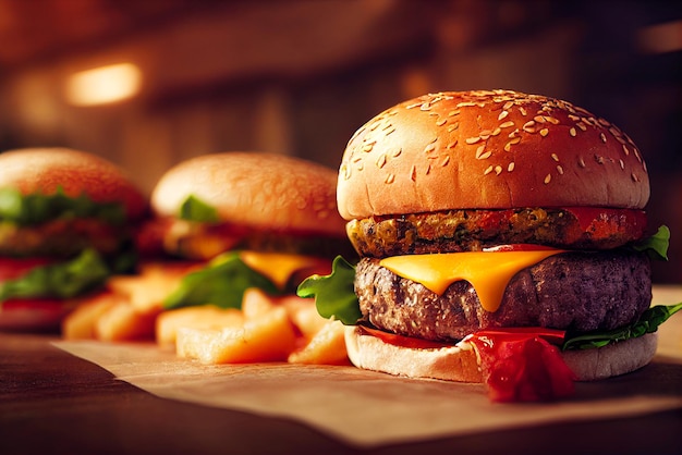 Double cheese burger with melted cheddar cheese, beef chicken patty, onion, lettuce, tomato sauce