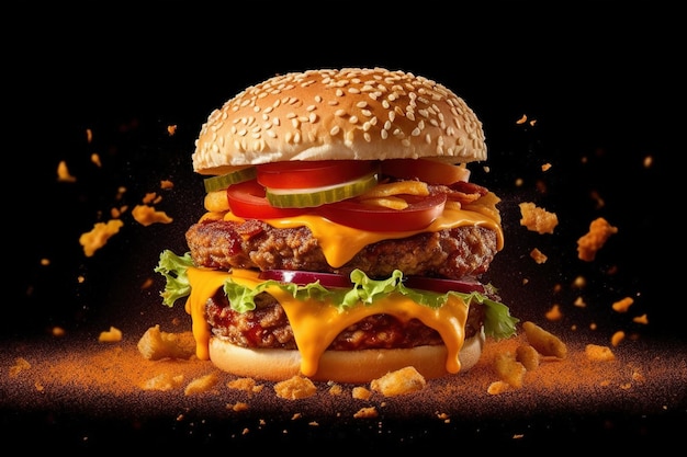 Double cheeseburger over a black background