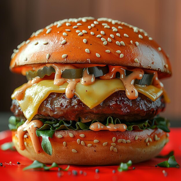 Double Cheeseburger on Red Background