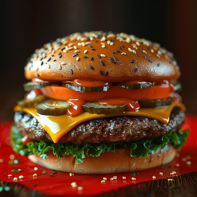 Double Cheeseburger on Red Background