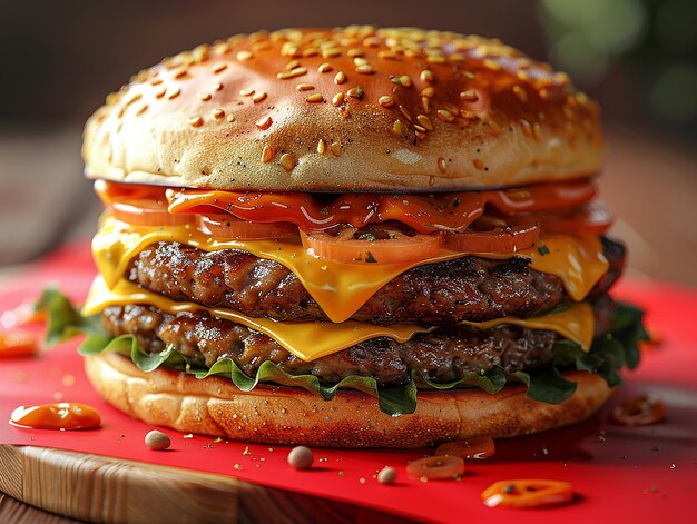 Double Cheeseburger on Red Background