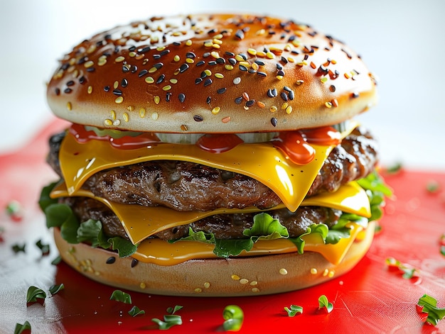 Double Cheeseburger on Red Background