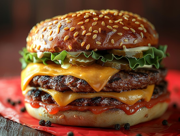 Double Cheeseburger on Red Background