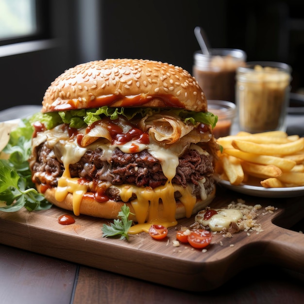 A Double Cheeseburger with Beef and Onion Rings on a Wooden Board Fries beside the Burger