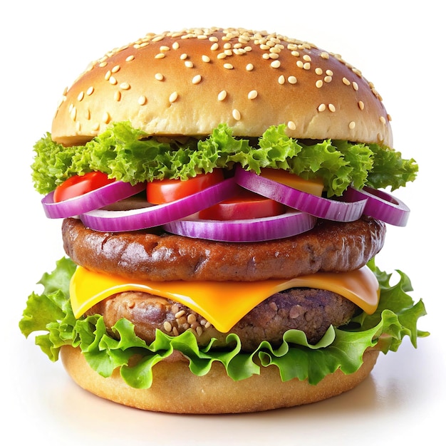 Double Cheeseburger with Fresh Vegetables and Sesame Bun on White Background