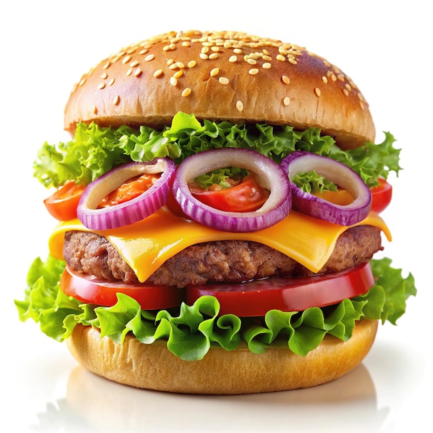 Double Cheeseburger with Fresh Vegetables and Sesame Bun on White Background