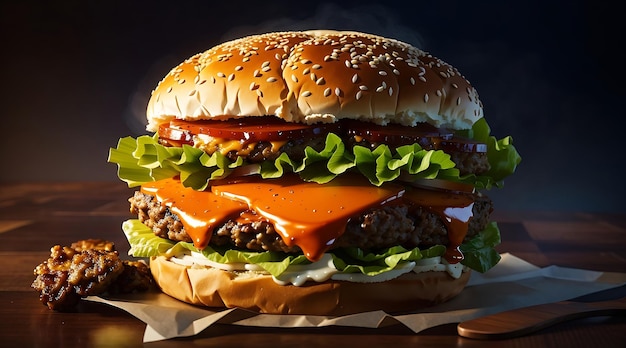 Double Cheeseburger with Grilled vegetables Tomato Lettuce Leaf between burger buns on wooden board