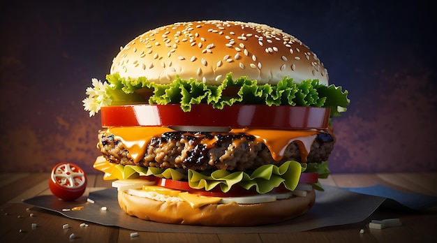 Double Cheeseburger with Grilled vegetables Tomato Lettuce Leaf between burger buns on wooden board