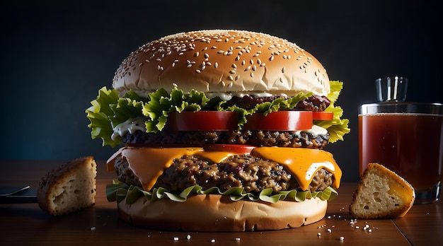 Double Cheeseburger with Grilled vegetables Tomato Lettuce Leaf between burger buns on wooden board