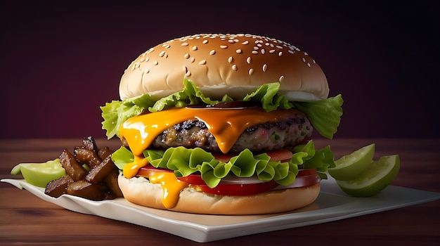 Double Cheeseburger with Grilled vegetables Tomato Lettuce Leaf between burger buns on wooden board