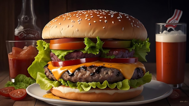 Double Cheeseburger with Grilled vegetables Tomato Lettuce Leaf between burger buns on wooden board