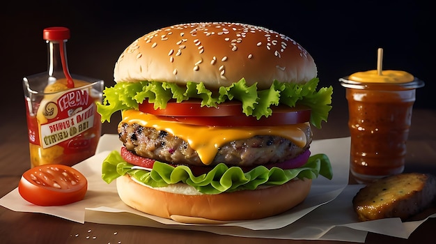 Double Cheeseburger with Grilled vegetables Tomato Lettuce Leaf between burger buns on wooden board