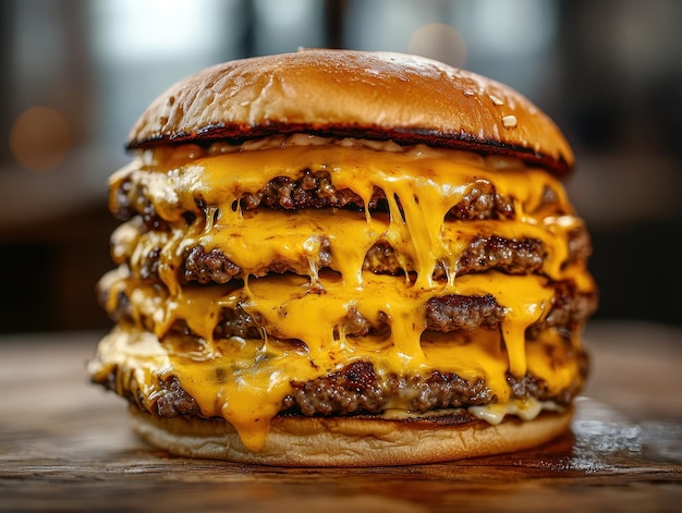 Photo double cheeseburger with layers of melted cheese and toppings