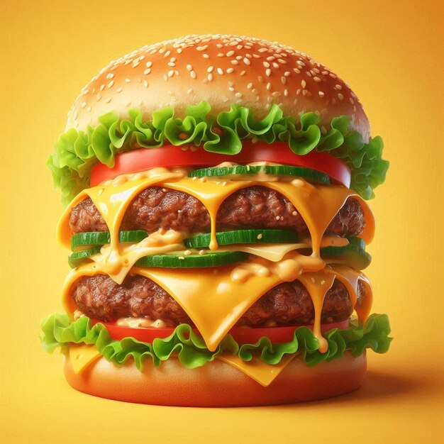 A double cheeseburger with lettuce cheese and tomato slices featuring two beef patties